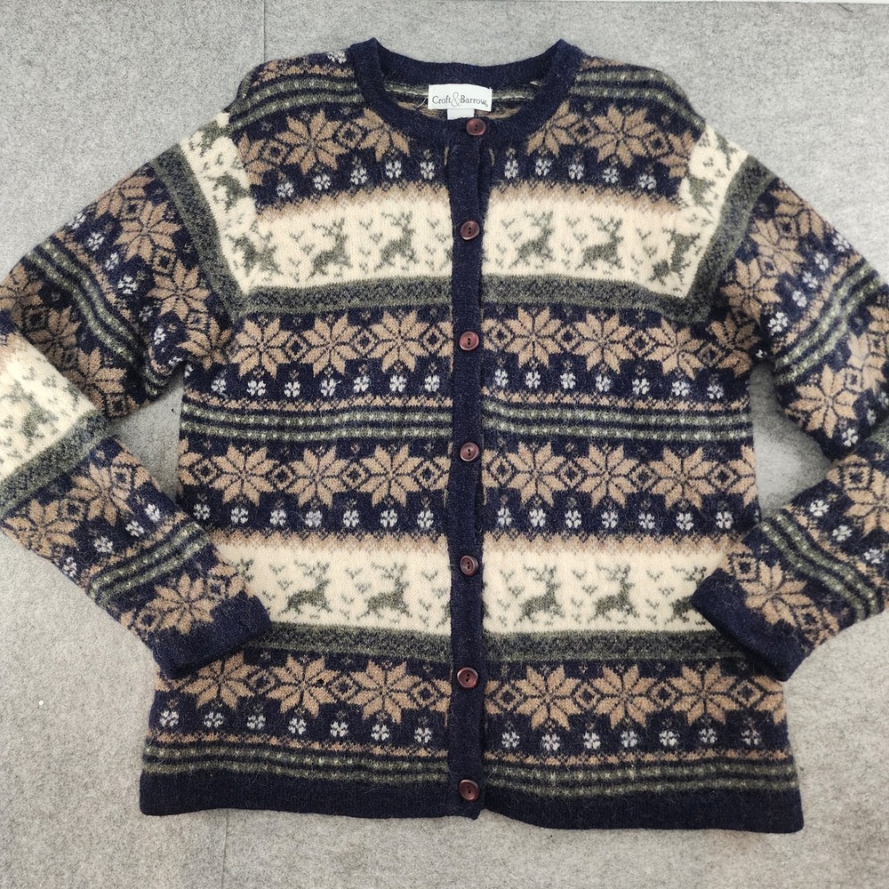 Croft & Barrow Blue Wool Fair Isle Reindeer Snowflake Cardigan Sweater Womens L